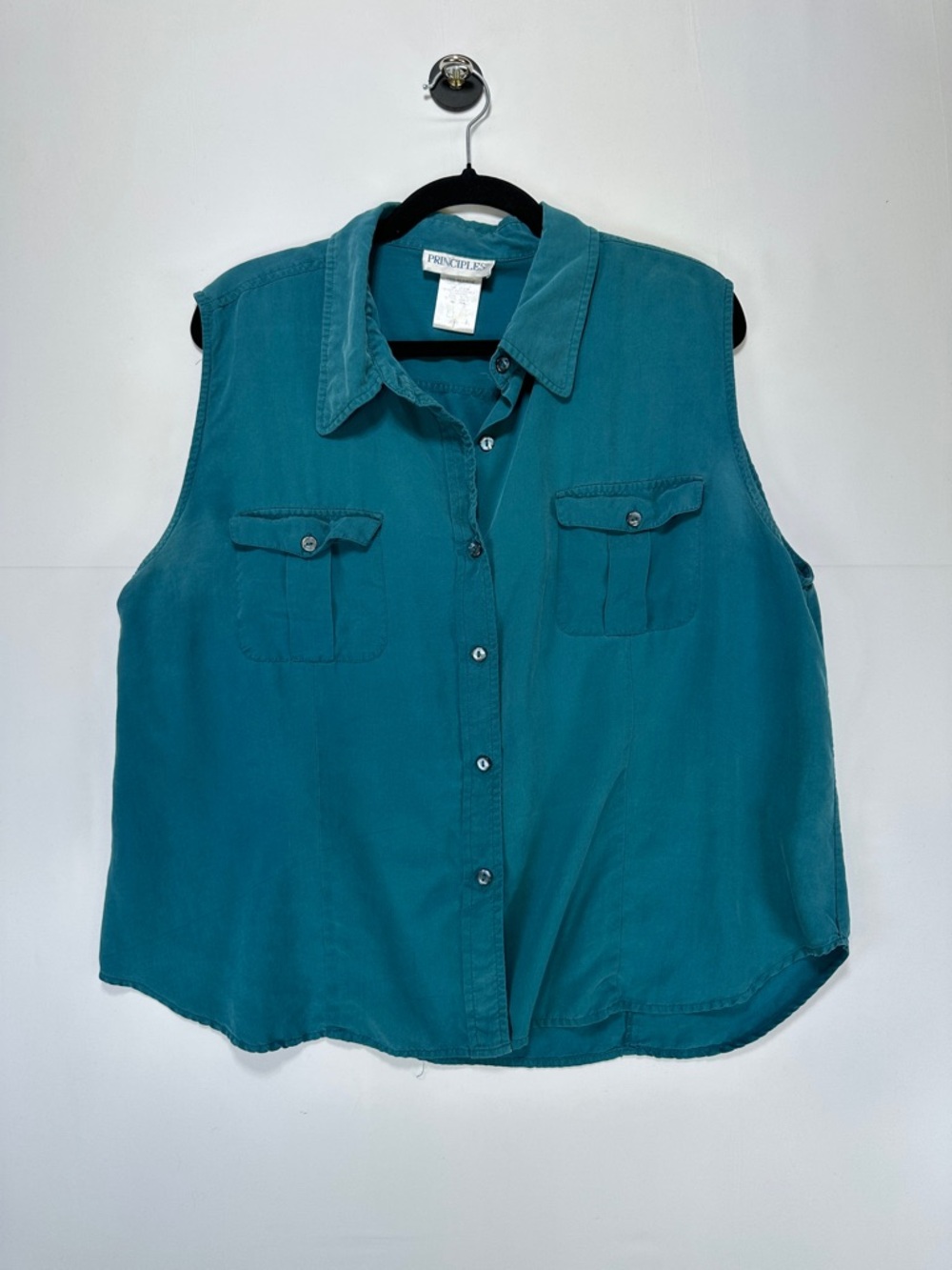 Principles Silk Sleeveless Button Down Blouse Teal Green Minimalist Size XL